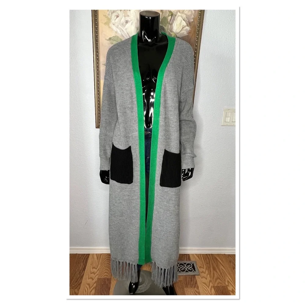ILLORD Maxi Knit Cardigan w/Fringe Hem One Size 100% Acrylic Gray, Green & Blue